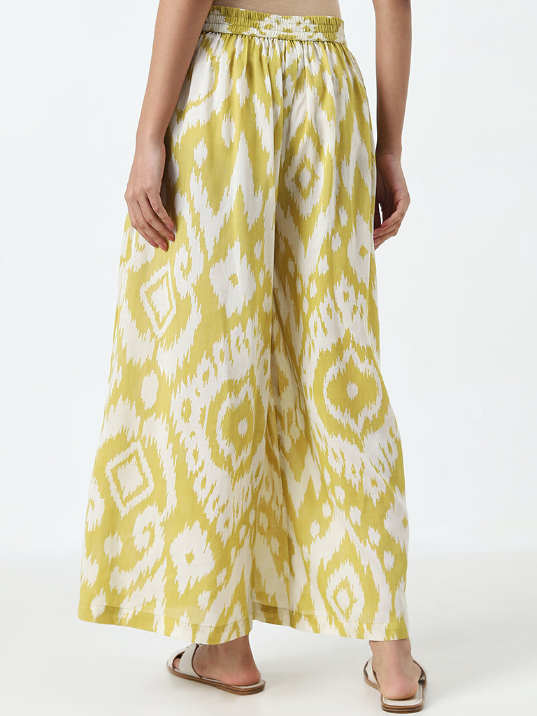 Utsa Yellow Ikat Design High-Rise Cotton Blend Palazzos