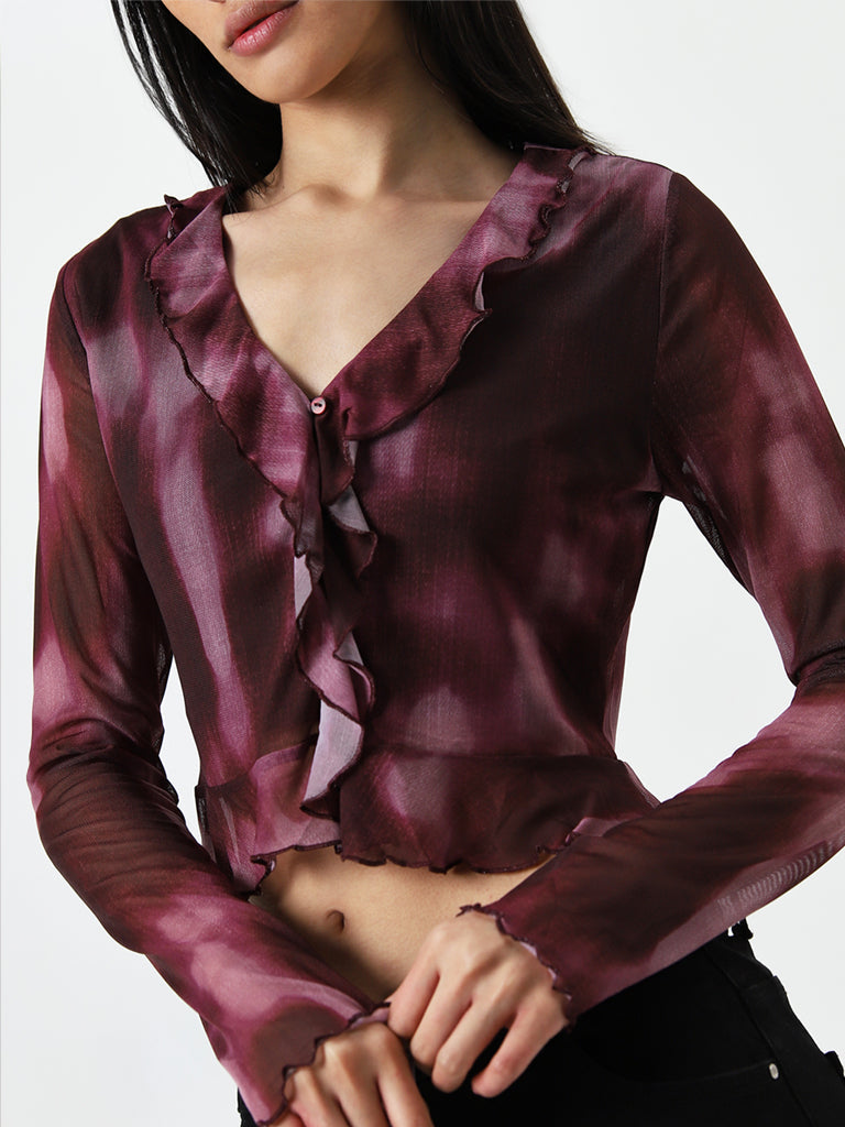 Nuon Wine Ruffled Mesh Top