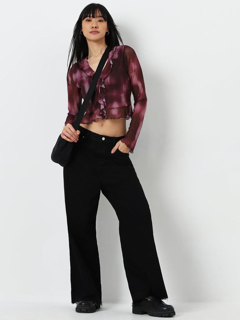 Nuon Wine Ruffled Mesh Top