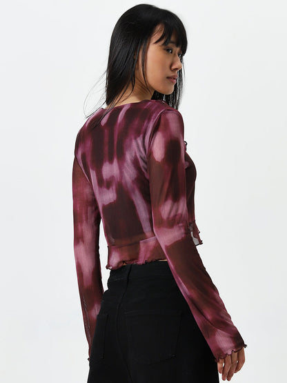 Nuon Wine Ruffled Mesh Top