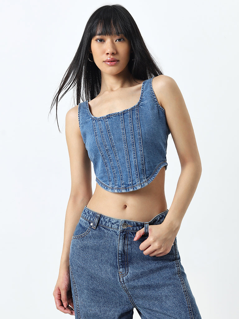 Nuon Blue Corset-Style Denim Crop Top