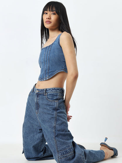 Nuon Blue Corset-Style Denim Crop Top