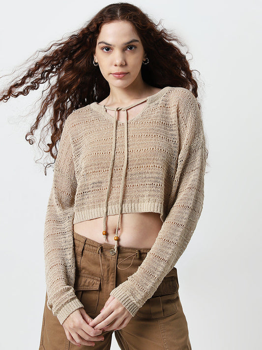 Nuon Beige Knit-Textured Cotton Blend Top