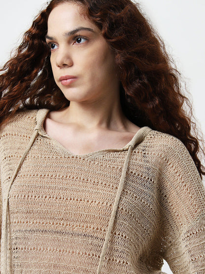 Nuon Beige Knit-Textured Cotton Blend Top