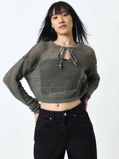 Nuon Olive Knit-Textured Cotton Blend Top