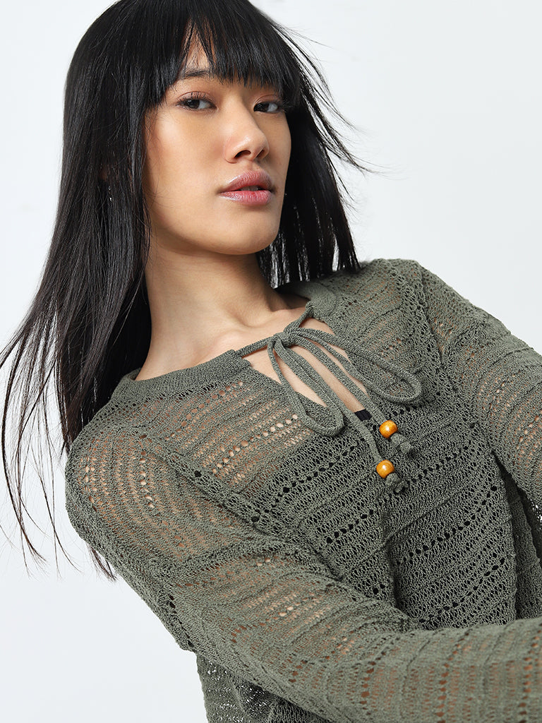 Nuon Olive Knit-Textured Cotton Blend Top