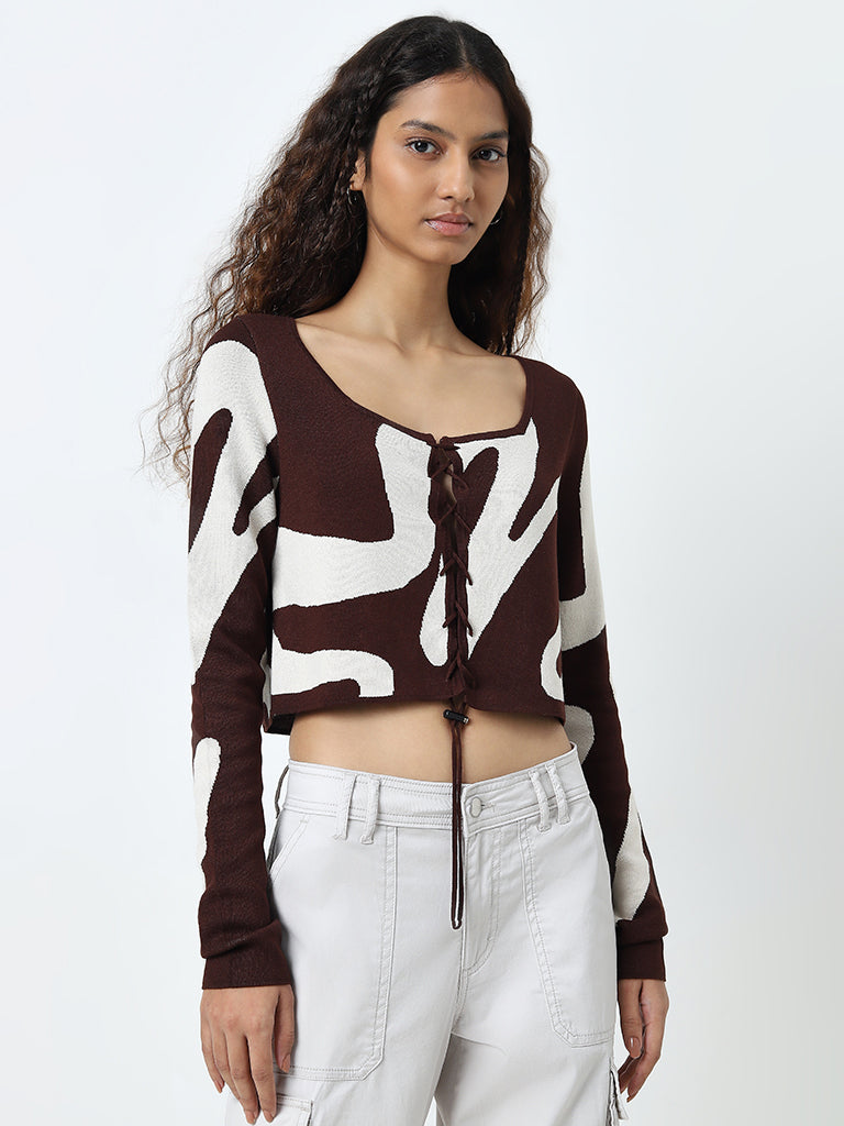 Nuon Dark Brown Swirl-Printed Top