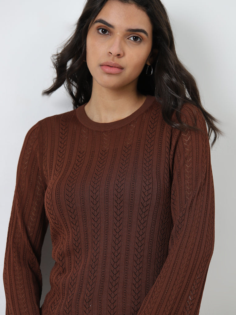 LOV Brown Knit-Textured Top