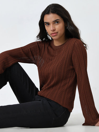 LOV Brown Knit-Textured Top