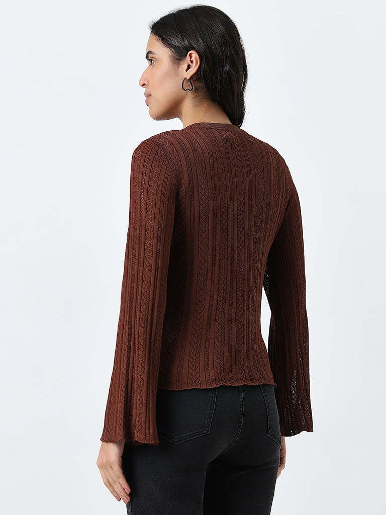 LOV Brown Knit-Textured Top