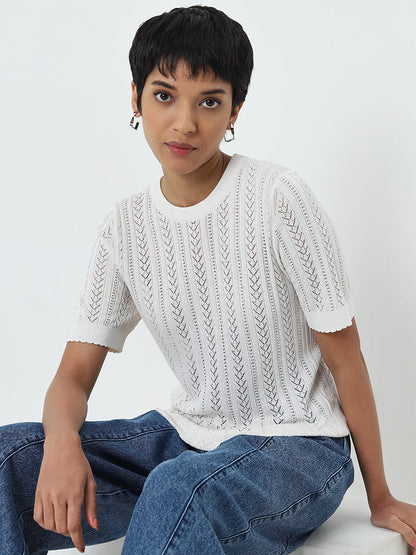 LOV White Self-Patterned Knitted Top