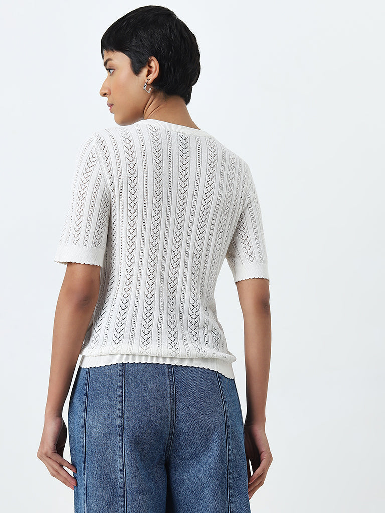 LOV White Self-Patterned Knitted Top