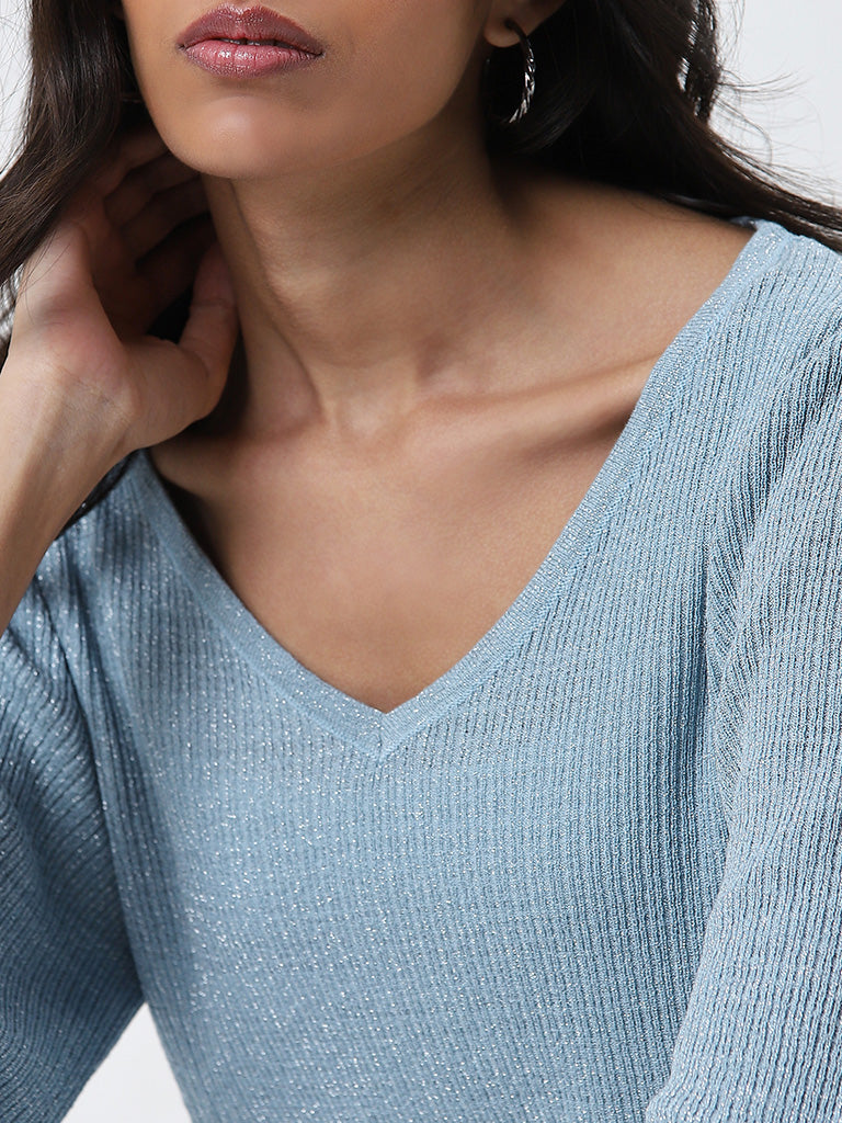 LOV Light Blue Ribbed Textured Top