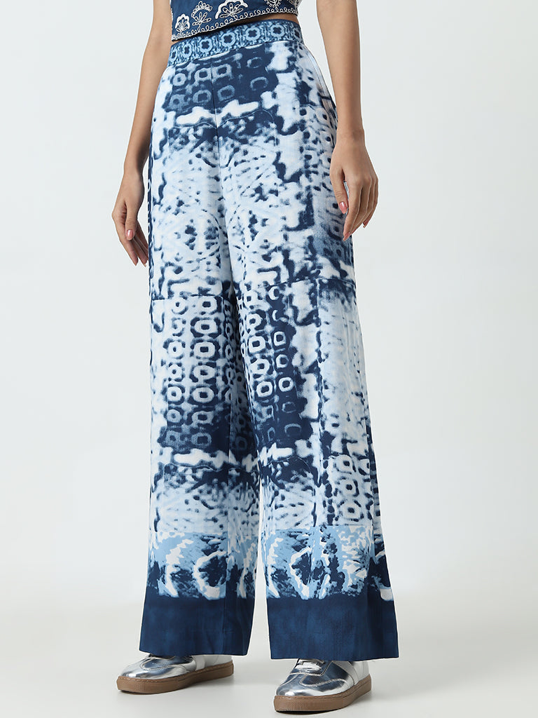 Bombay Paisley Navy Blue Blotch Design High-Rise Palazzos