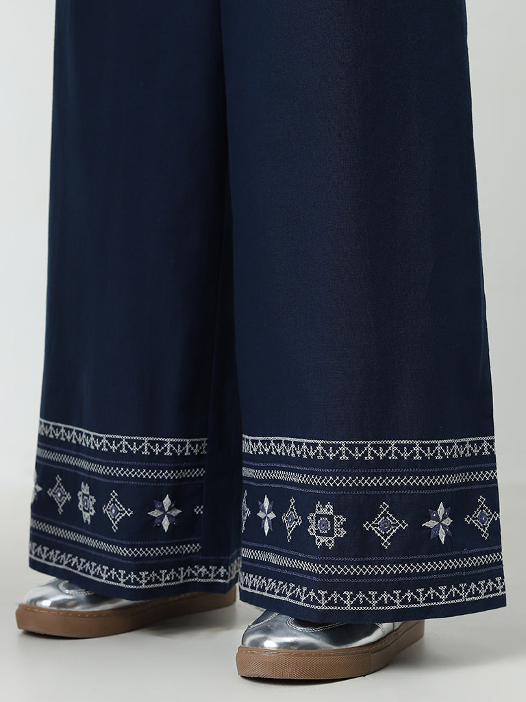 Bombay Paisley Navy High-Rise Cotton Blend Palazzos