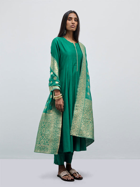 Vark Green A-Line Kurta, Ethnic Pants and Brocade Design Dupatta Set