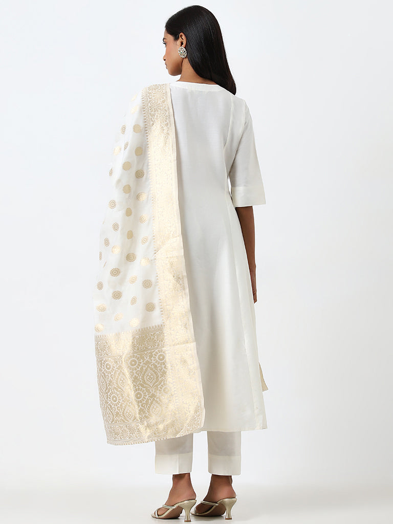 Vark Off-White A-Line Kurta, Ethnic Pants and Brocade Design Dupatta Set