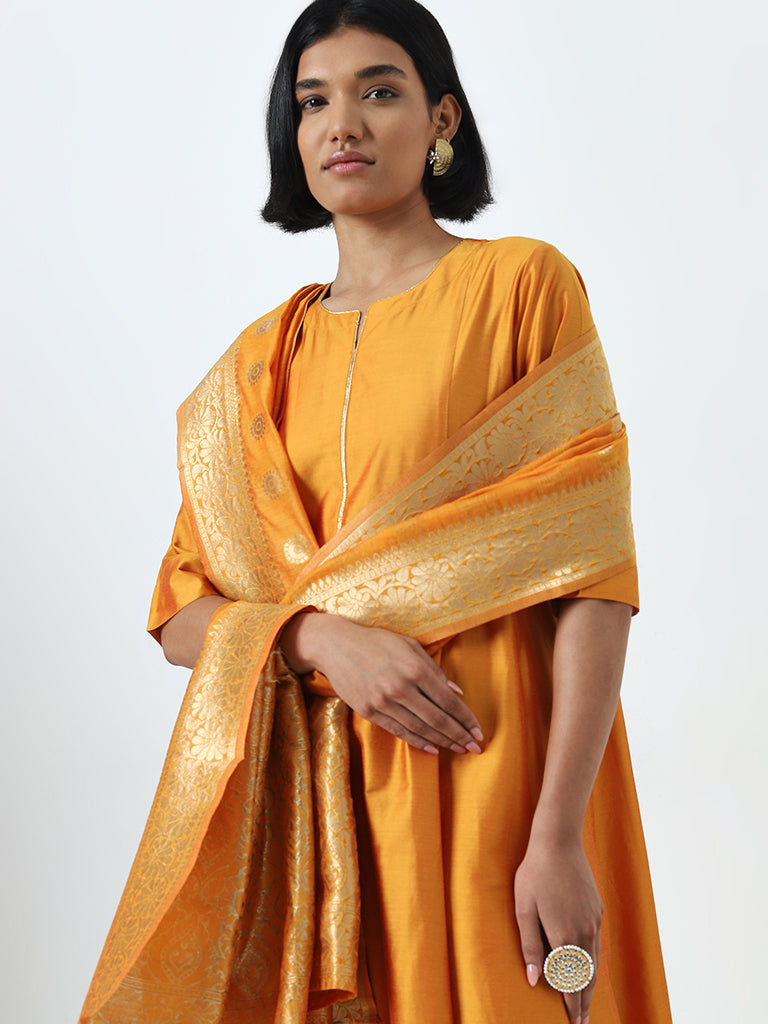 Vark Orange A-Line Kurta, Ethnic Pants and Brocade Design Dupatta Set