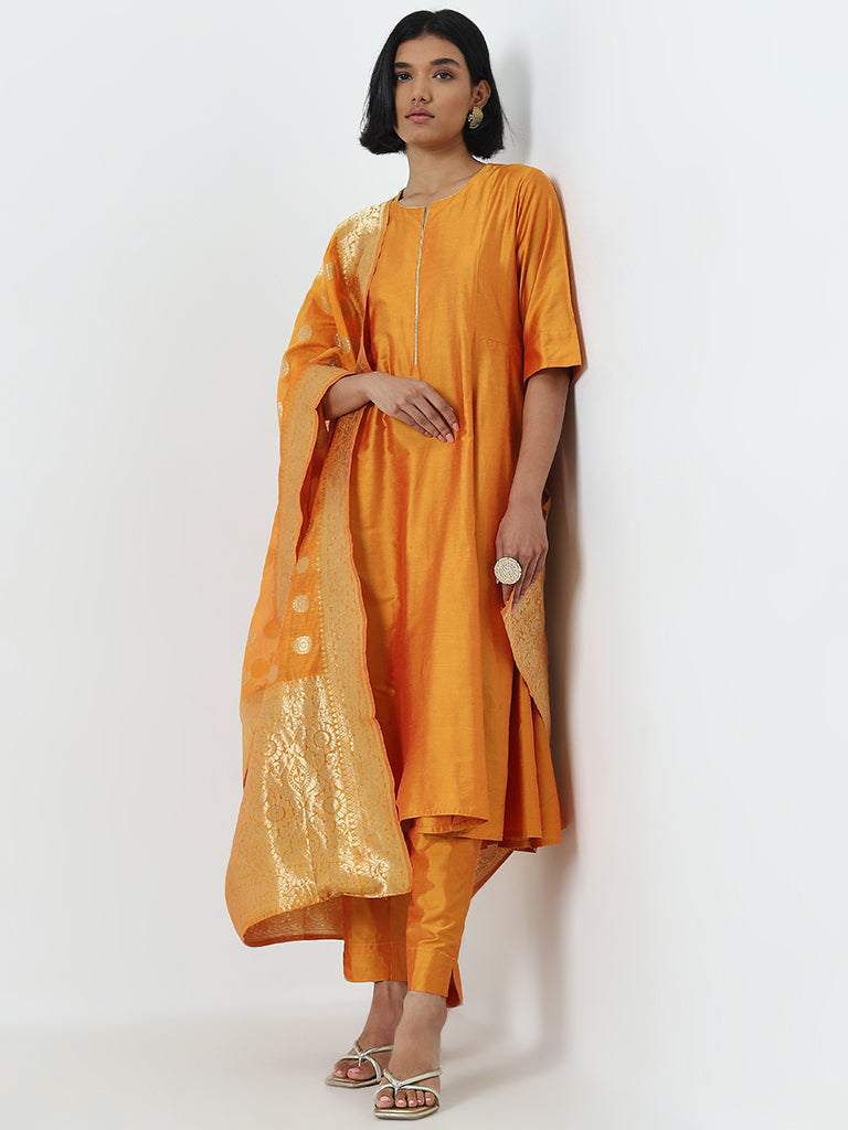 Vark Orange A-Line Kurta, Ethnic Pants and Brocade Design Dupatta Set