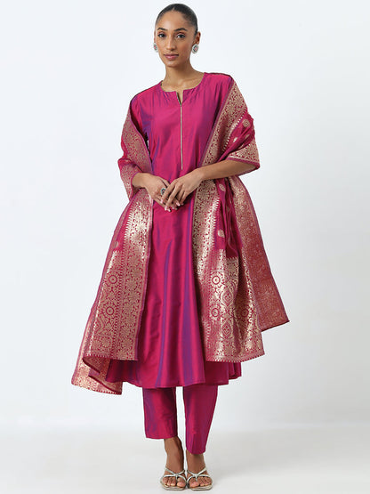 Vark Wine A-Line Kurta, Ethnic Pants and Brocade Design Dupatta Set