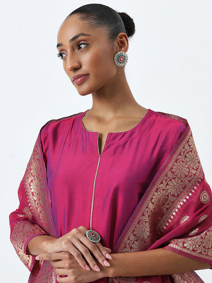 Vark Wine A-Line Kurta, Ethnic Pants and Brocade Design Dupatta Set