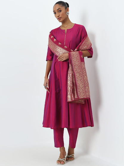 Vark Wine A-Line Kurta, Ethnic Pants and Brocade Design Dupatta Set