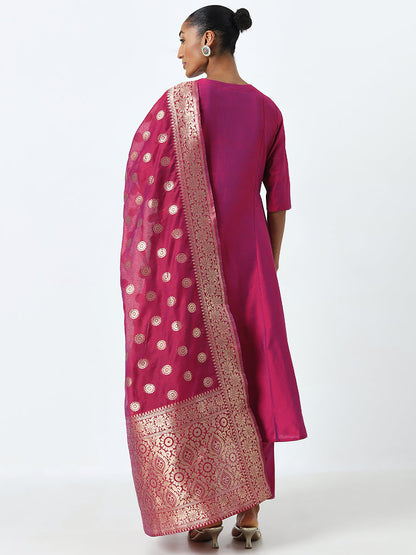 Vark Wine A-Line Kurta, Ethnic Pants and Brocade Design Dupatta Set