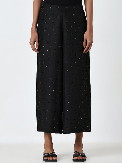 Utsa Black Polka Dot Design High-Rise Palazzos