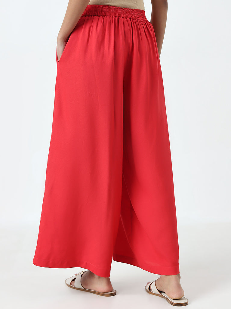 Utsa Dark Coral Solid High-Rise Palazzos