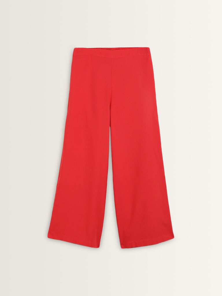 Utsa Dark Coral Solid High-Rise Palazzos