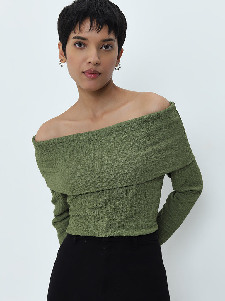 LOV Green Popcorn Textured Off-Shoulder Top