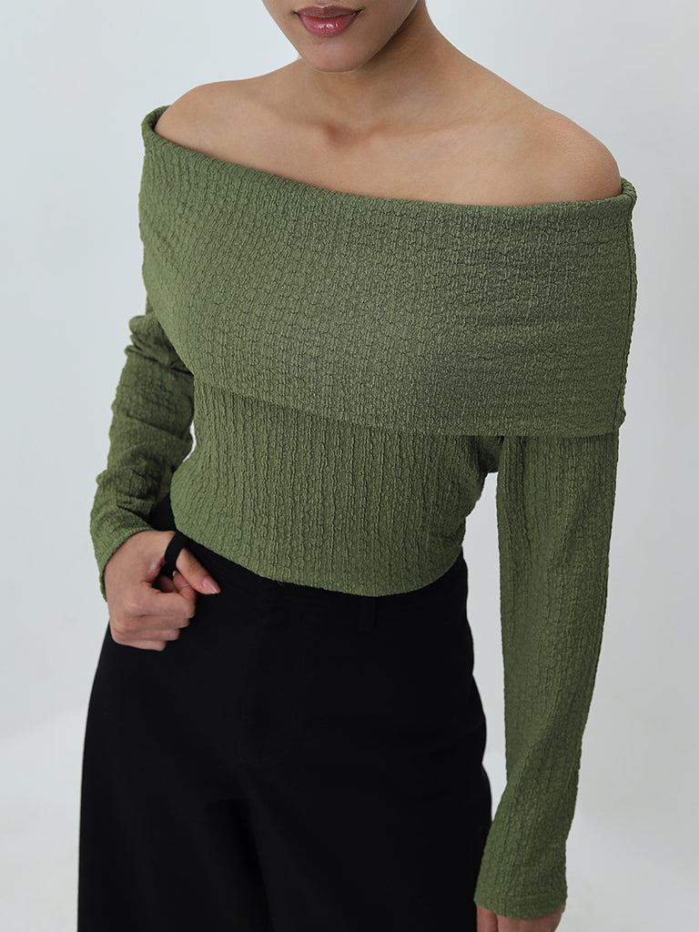 LOV Green Popcorn Textured Off-Shoulder Top