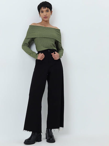 LOV Green Popcorn Textured Off-Shoulder Top