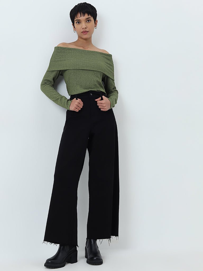 LOV Green Popcorn Textured Off-Shoulder Top