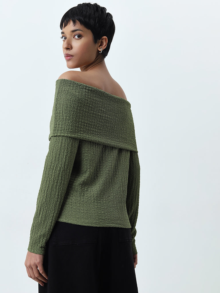 LOV Green Popcorn Textured Off-Shoulder Top