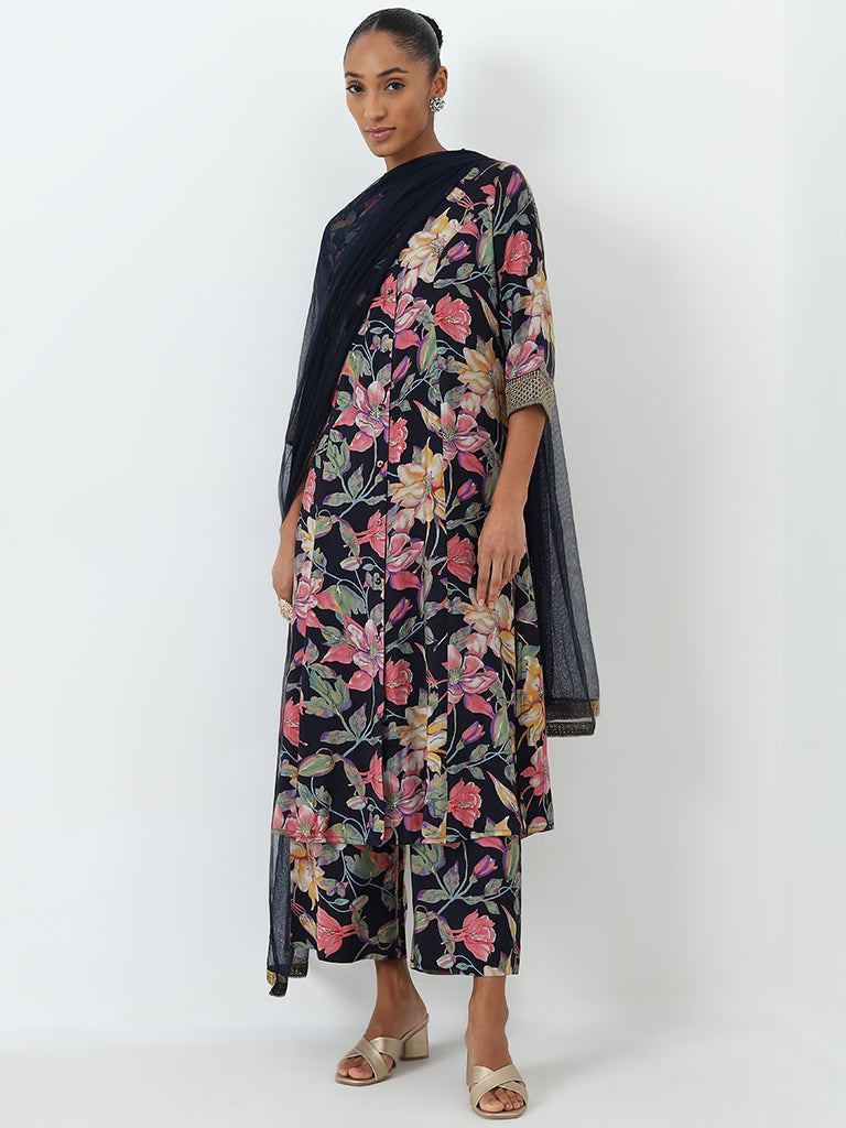 Vark Navy Floral A-Line Kurta, Palazzos and Dupatta Set