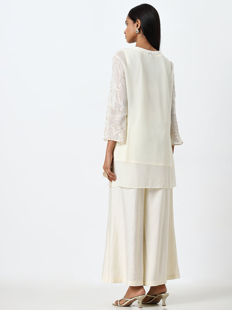 Vark Off-White Embellished Tunic, Inner with Palazzos Set