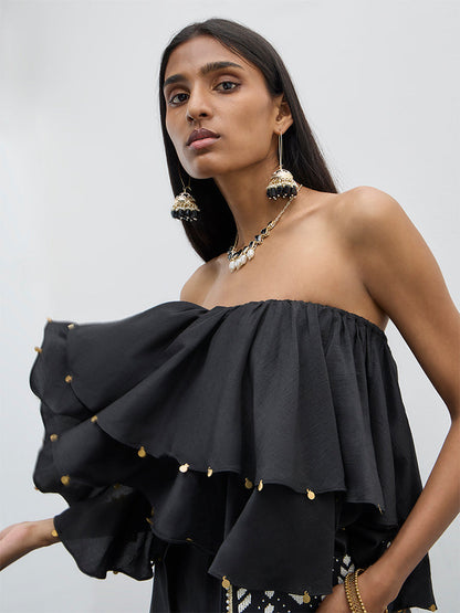 Vark Black Frill-Detail Off-Shoulder Top