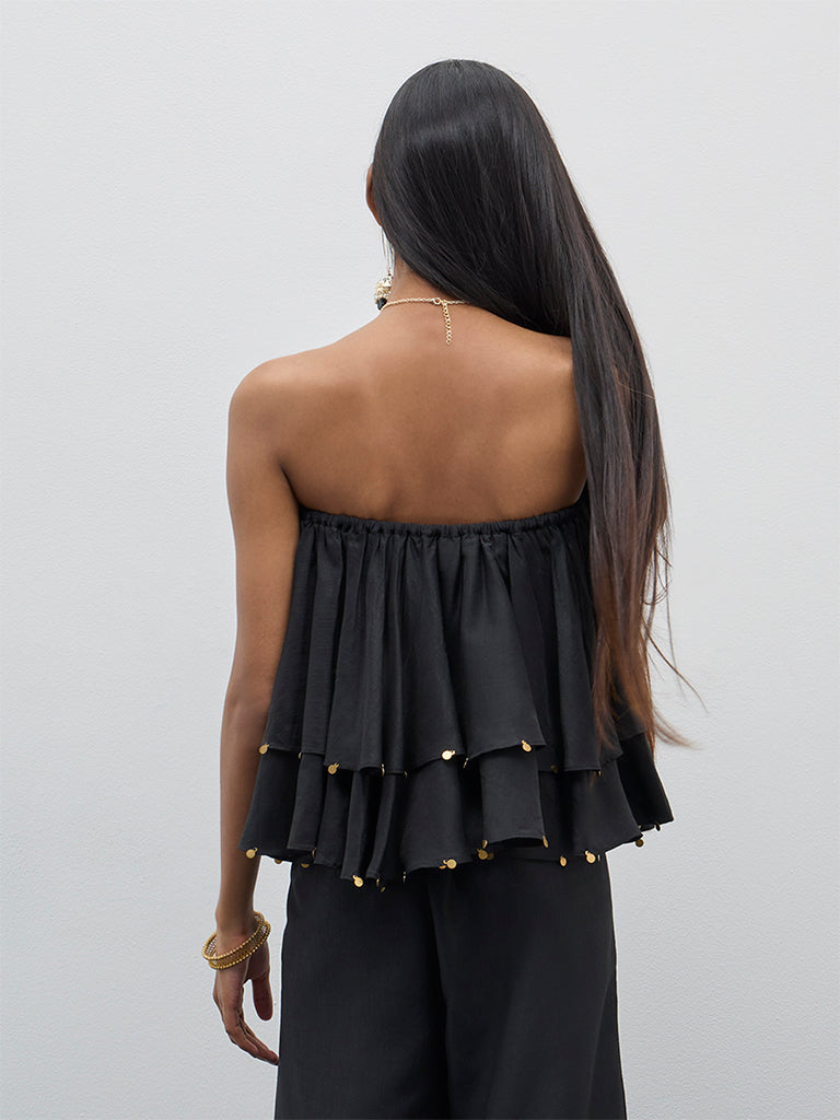 Vark Black Frill-Detail Off-Shoulder Top