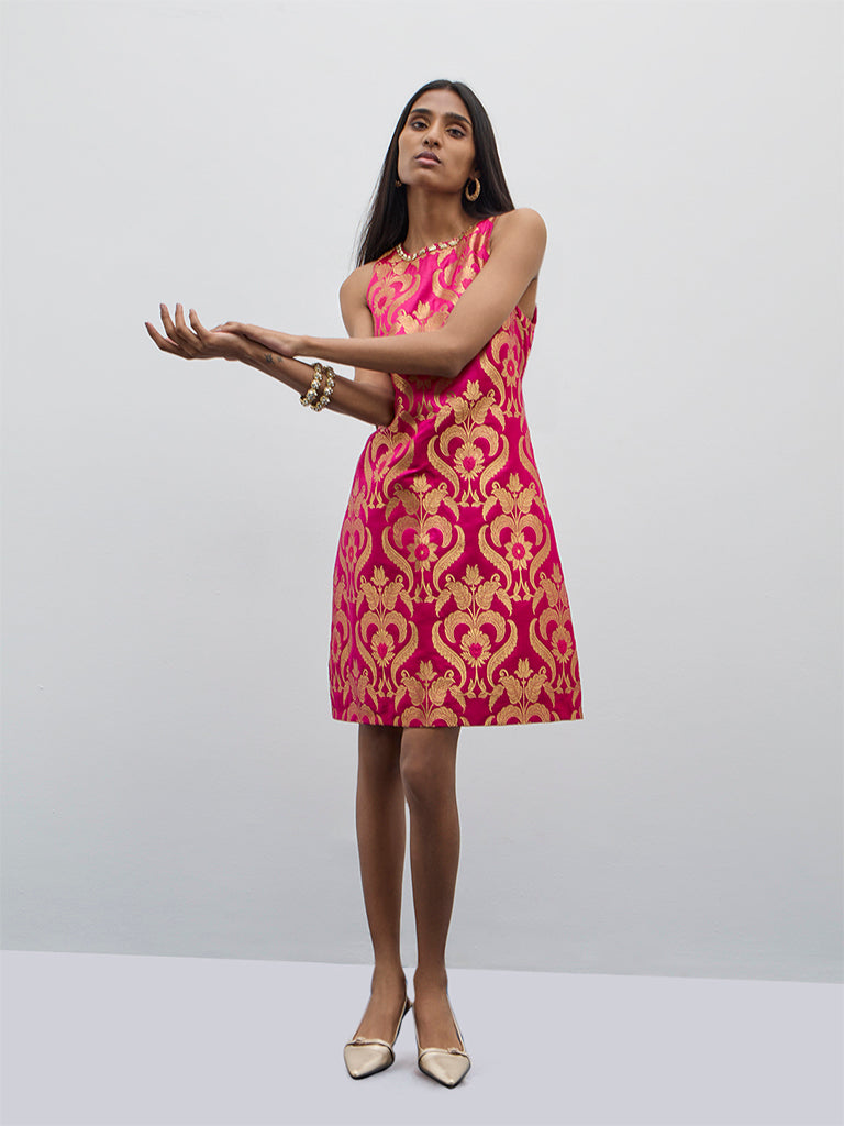 Vark Pink Floral Embroidered A-Line Dress