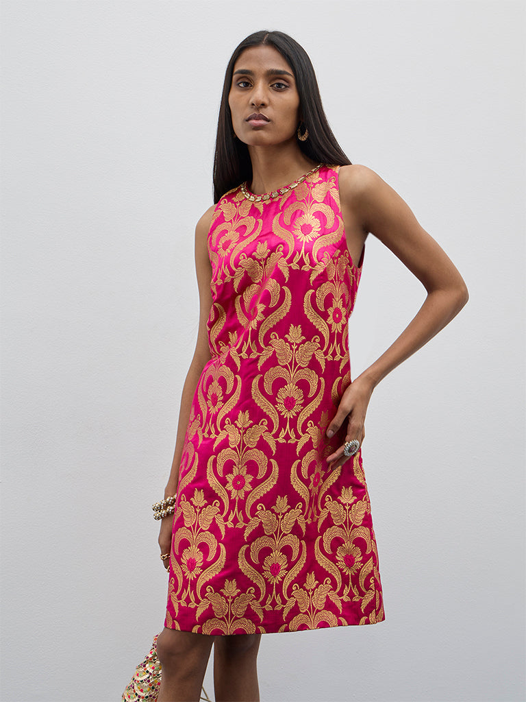 Vark Pink Floral Embroidered A-Line Dress