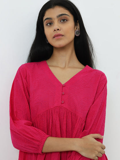 Utsa Fuchsia Floral Embroidered A-Line Cotton Kurti