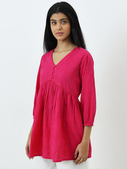 Utsa Fuchsia Floral Embroidered A-Line Cotton Kurti