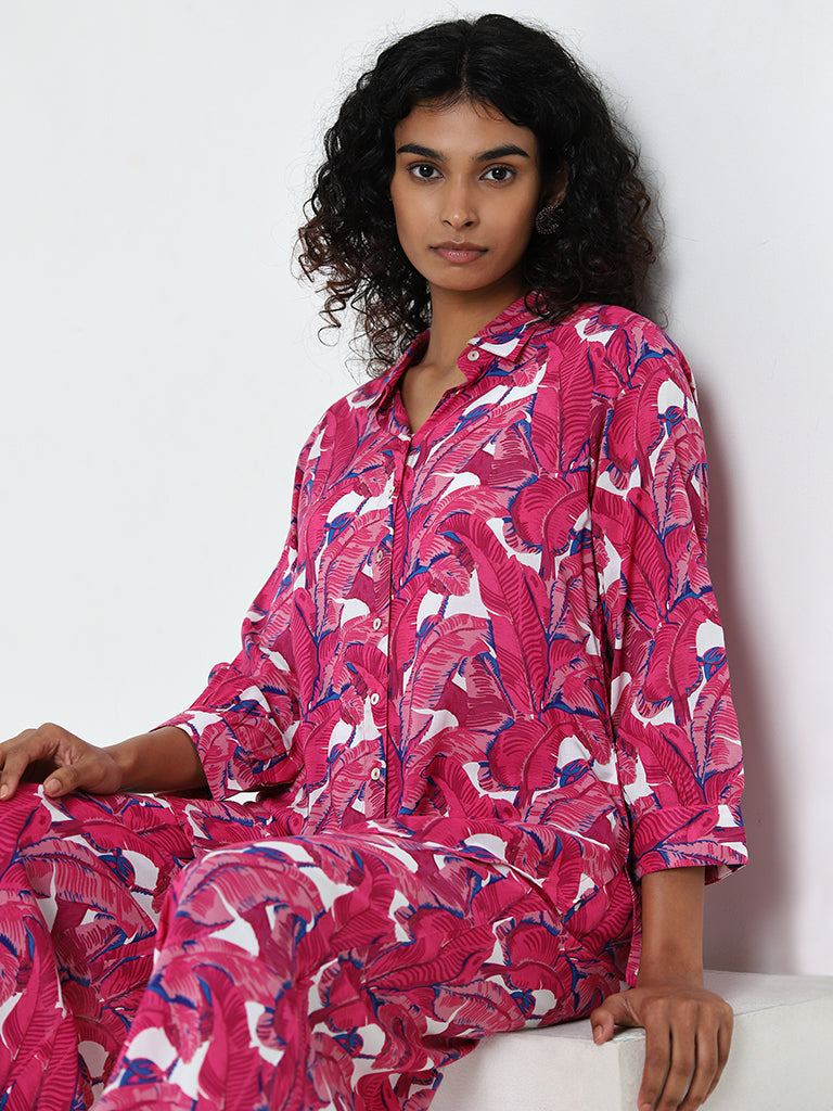 Utsa Pink Leaf-Printed Cotton Ethnic Tunic