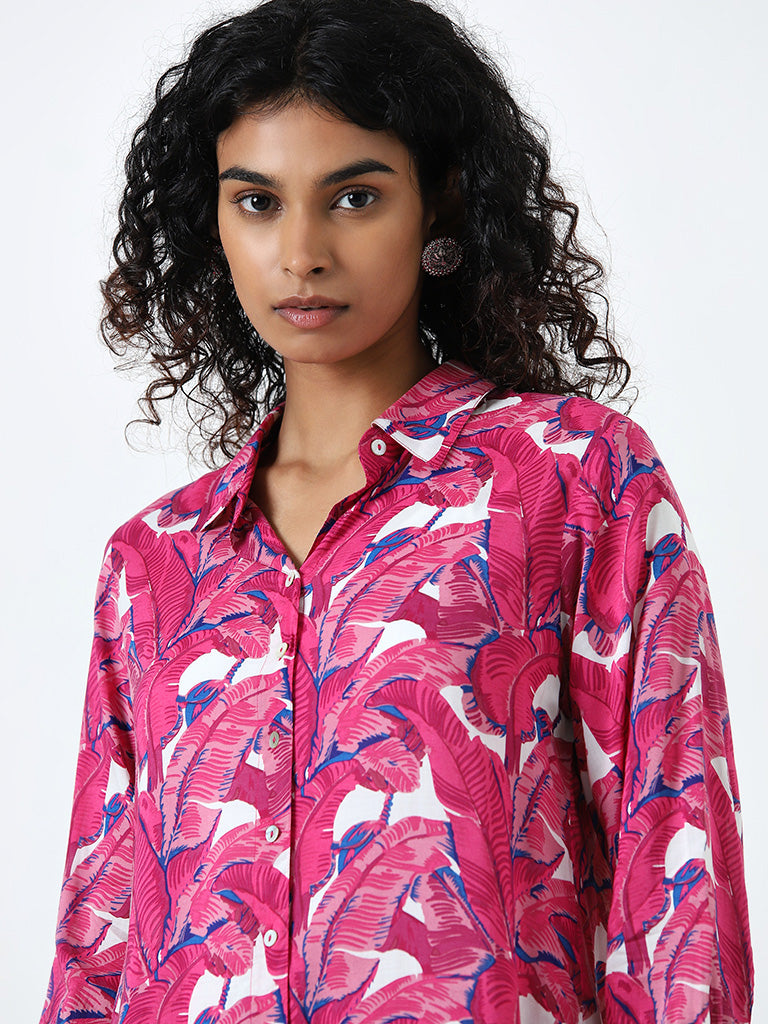 Utsa Pink Leaf-Printed Cotton Ethnic Tunic