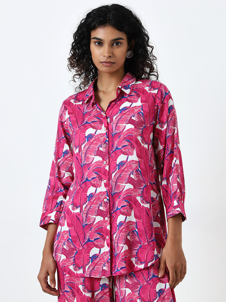 Utsa Pink Leaf-Printed Cotton Ethnic Tunic