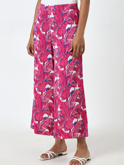 Utsa Pink Leaf Printed High-Rise Cotton Palazzos