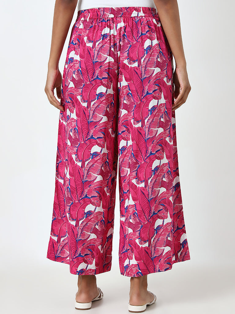 Utsa Pink Leaf Printed High-Rise Cotton Palazzos