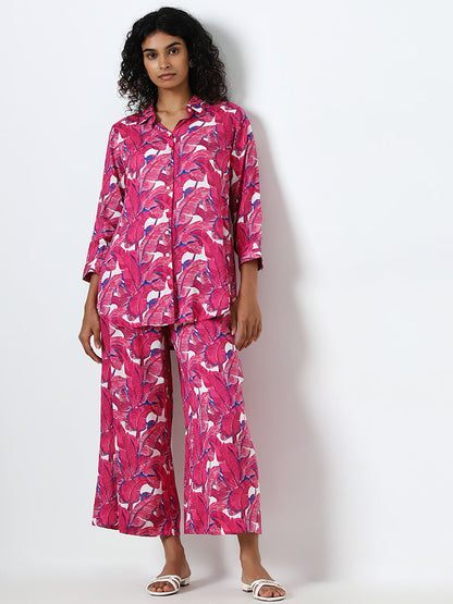 Utsa Pink Leaf Printed High-Rise Cotton Palazzos