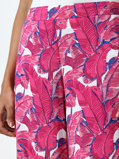 Utsa Pink Leaf Printed High-Rise Cotton Palazzos